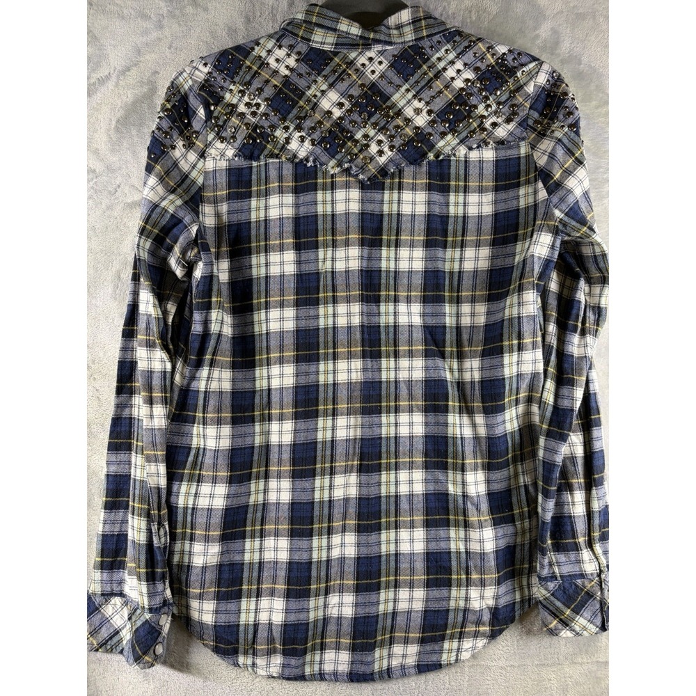 Guess Plaid Flannel Shirt Studded‎ Shoulders Snap Front Hi-Low Hem Navy S - Picture 7 of 7